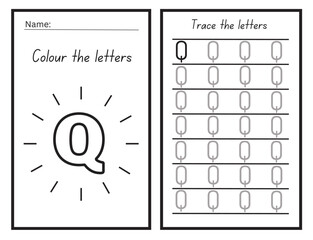 letter Q coloring and tracing practice Worksheet for learning the alphabet Exercises handwriting practice Vector Illustration