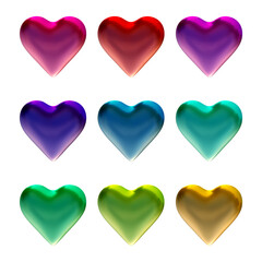 Set of heart icons or love symbol shapes in 3d rendering