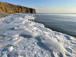 View of Cape  Vyatlina on Russkiy Island in Vladivostok in winter. Russia