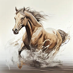 horse with a long mane crossing the river