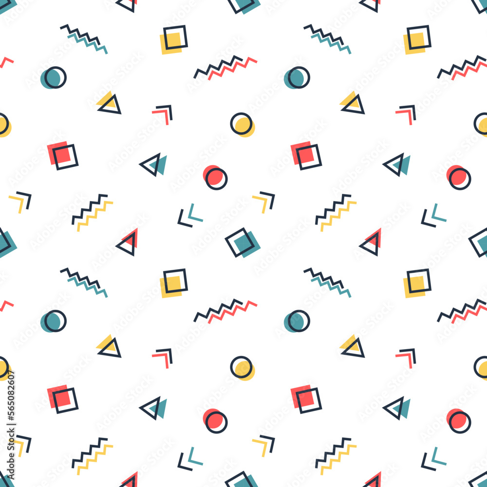 Wall mural abstract background of geometric shapes memphis style. vector seamless pattern with colorful colors.