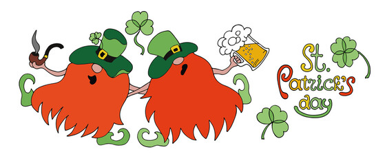 Obraz premium St. Patrick Day gnomes banner. Hand drawn illustration on transparent background. Ready mug wraps sublimation design for 11 oz mug. 