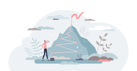 Career success as up direction for work rise achievement tiny person concept, transparent background. Successful job development and growth direction as mountain climbing metaphor illustration.