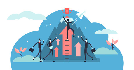 Competition illustration, transparent background. Flat tiny business persons goals concept. Success symbol for professional leader direct achievement award.