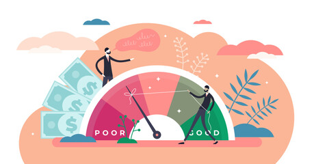 Credit score illustration, transparent background. Wealth evaluation in flat tiny persons concept. Financial and economical situation improvement from poor to good for mortgage bank reports.