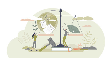 Green policy as governmental environment strategy plan tiny person concept, transparent background. Legal agreement to protect planet ecosystem and nature resources recycling illustration.