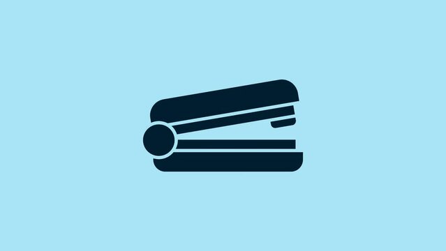 Blue Office stapler icon isolated on blue background. Stapler, staple, paper, cardboard, office equipment. 4K Video motion graphic animation