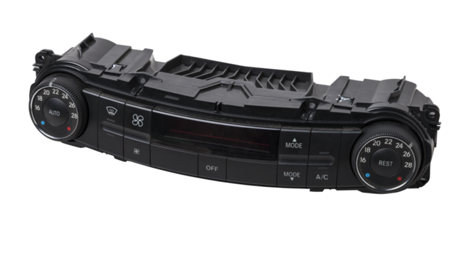 Close-up of climate control panel, Setting up and refueling the air conditioner in the workshop. Spare parts catalog.