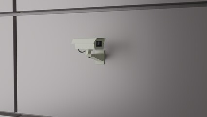 White CCTV surveillance security square camera for monitoring isolated on metal wall. Minimal concept. 3D render