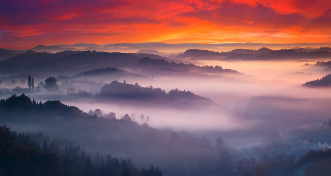 Majestic sunset of the mountains landscape during sunset. Mountain hills with visible silhouettes through the morning colorful fog under bloody sky. Vineyards foggy valley in dramatic picturesque sky.