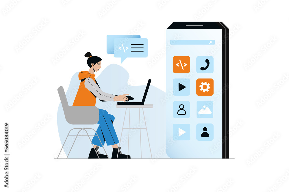 Poster app development concept with people scene in the flat cartoon design. girl is writing programming co