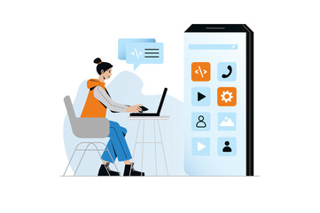 App development concept with people scene in the flat cartoon design. Girl is writing programming code for a mobile app she created.