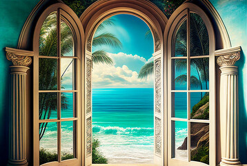 Glass doors to paradise. Generative Ai Art. Palm trees and turquoise sea outside the window. Raging ocean. Window to heaven.