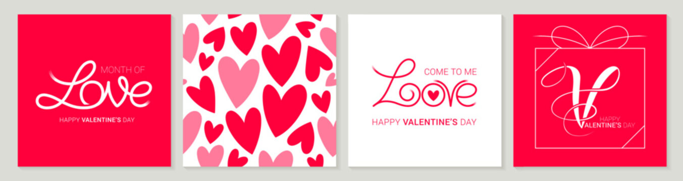 Happy Valentine's Day Trendy Greeting Cards. Red Background Abstract Square Art Templates. Seamless Hand Drawn Hearts Textures. Great for Printing Cards, Social Media Posts, etc.