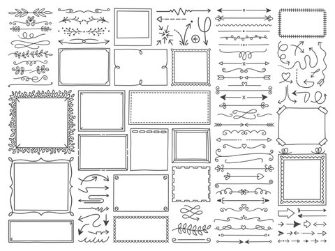 Hand Drawn Vector Frames Collection. Vintage Doodle Sketch Picture Frame, Spacers, Corners and Decorations. Vector Illustrations set
