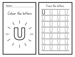 letter U coloring and tracing practice Worksheet for learning the alphabet Exercises handwriting practice Vector Illustration