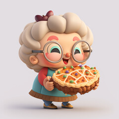 old lady grandmother sweet cheerful with a smile treats an appetizing pie cartoon