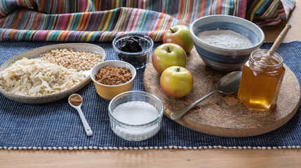 Ingredients to bake an apple cake spread out on a table 