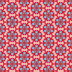 Beautiful blue and red flower and light red background abstract mandala art design pattern background, decoration graphic illustration element textile.
