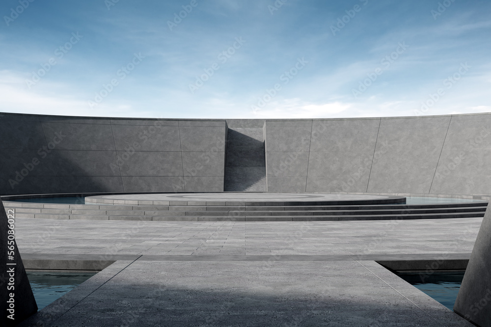 Poster round concrete podium empty floor with pool. 3d rendering of abstract space with blue sky background