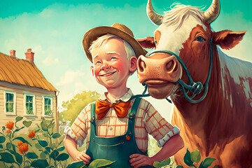 Fototapeta Illustration for children's book depicting an cute baby farmer - AI generative obraz