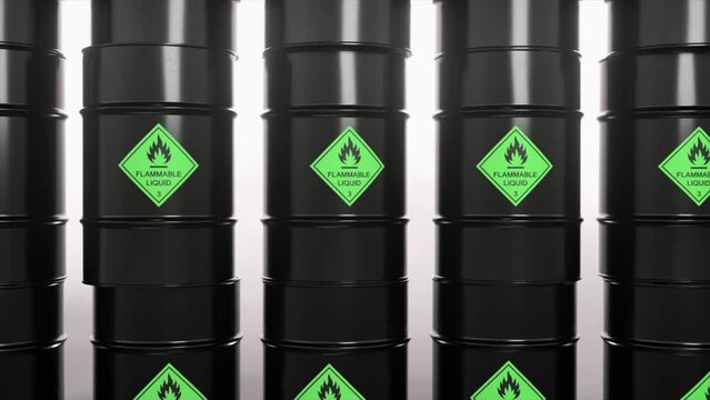 Black barrels of biological agents. Endless tape. Stock. Flammable toxic waste. Pollution. 3d animation