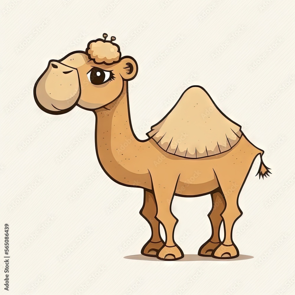 Poster a cartoon camel with a small patch on its back and a tiny patch on its back, standing upright, with 