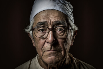 Portrait of sergery senior medical doctor on dark background,generative ai.