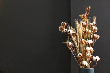Cotton dry flowers and ears of wheat in vase on grey background. Modern home interior decorative scandinavian background style. Loft room design. Minimalism composition. Homeware. Copy space for text