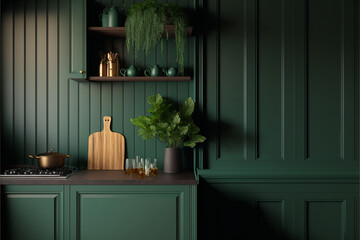 green wall panelling with wooden shelf in kitchen