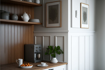 white wall panelling with wooden shelf in kitchen