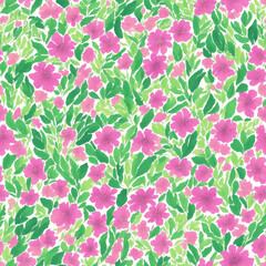 Seamless pink flowers and green leaves pattern painted with watercolor, Generative AI