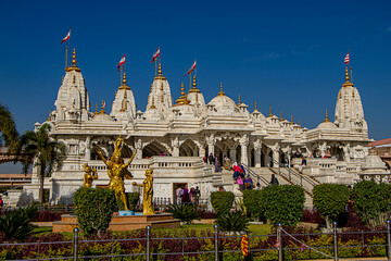 Swaminarayan Temple with flying pendants on top in Bhuj in Gujarat