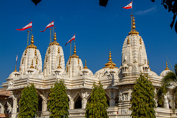 Swaminarayan Temple with flying pendants on top in Bhuj in Gujarat
