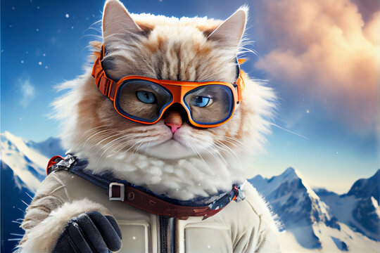 Snowboarder cat. A cat in winter clothes and ski goggles against the backdrop of a winter landscape. AI generated.