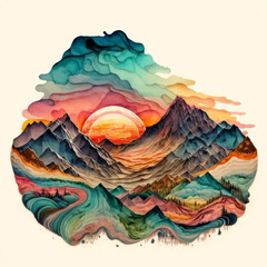Bohemian Sunset: Watercolor Layered Mountains with Psychedelic Swirling Colors Background