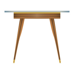 Glass tabletop wood table side view in realistic style. Transparent table top. Home wooden furniture design. Colorful PNG illustration.