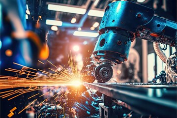 Plakat Hand of robot working steel welding building electronic machine in factory.Generative AI