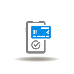 Vector illustration of smartphone with credit card and check mark. Icon of online mobile pay. Symbol of payment