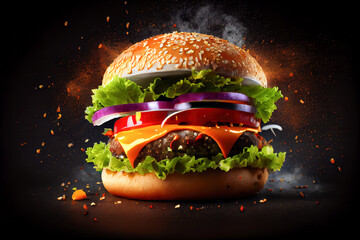 Epic cheeseburger. Delicious double cheeseburger with melted cheese and lettuce on a fried crispy bun. 3d illustration. Generative AI - obrazy, fototapety, plakaty