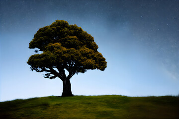 Realistic illustration of a tree on a hill or field, Generative AI