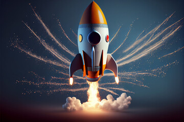Rocket on a dark blue background. 3D. Generative ai