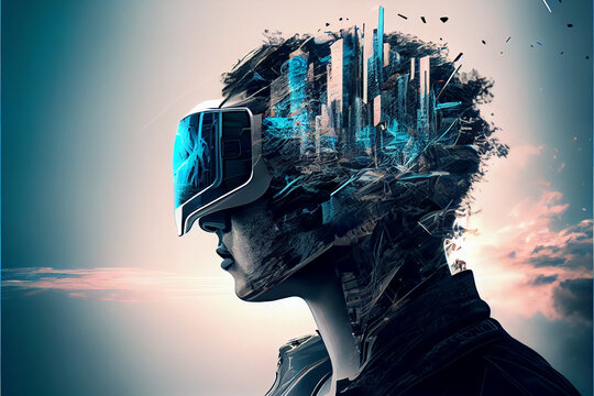 Metaverse, virtual technology concept. Character in virtual reality helmet, double exposure, abstract illustration.