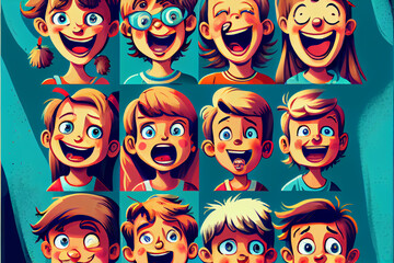 Many children's faces expressing cheerful and surprised emotions. Abstract illustration.