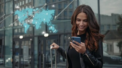 Young female passenger at the airport booking hotel animation world map travel with airplanes route, motion design Elegant businesswoman in office with luggage - Powered by Adobe