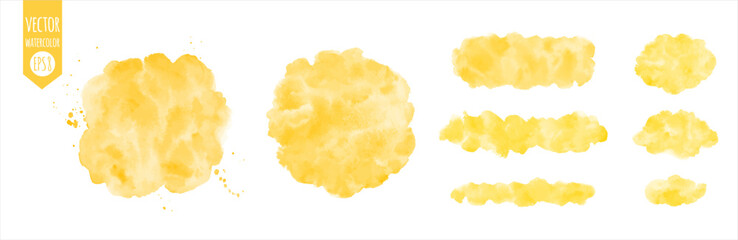 Yellow watercolor vector backgrounds, frames set. Uneven circle, round, rectangle banner shapes, brush stroke, stripe, spot. Watercolour stains, splashes. Painted hand drawn aquarelle graphic elements