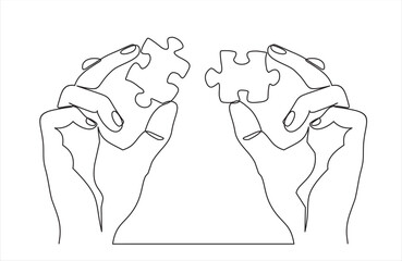 Continuous one line drawing of hands and puzzle. Business matching - connecting puzzle elements.  Puzzle game symbol and iconic business metaphor for problem solving, solution and strategy.
