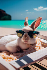 A white baby bunny wearing sunglasses and lying down beach. Generative ai 