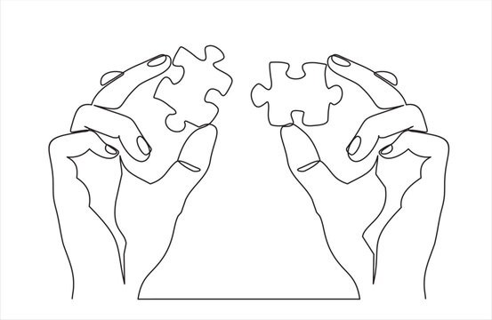 Continuous one line drawing of hands and puzzle. Business matching - connecting puzzle elements.  Puzzle game symbol and iconic business metaphor for problem solving, solution and strategy.