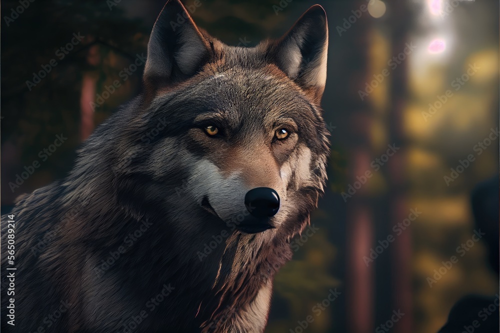 Wall mural portrait of a wolf lupus in the forest hunting. generative ai